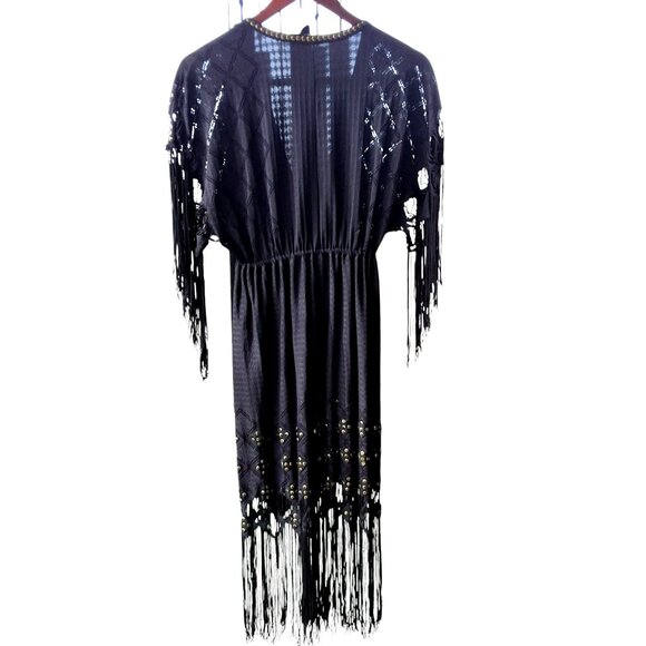 Despi Black Fringe Swimsuit Cover-Up Dress With Gold Sequins & Empire Waist Sz L - Picture 2 of 6